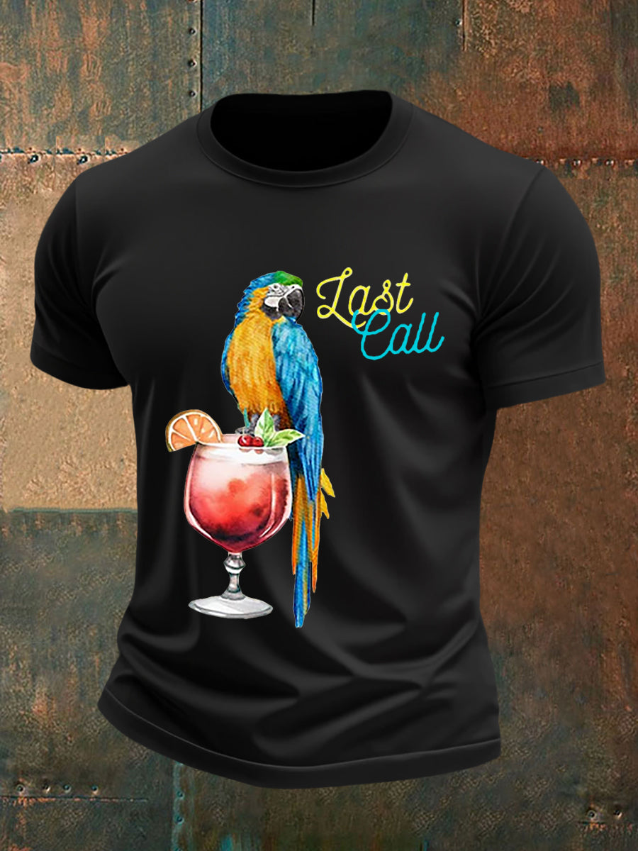 Men's Retro Jimmy Buffett Parrot With Margarita Print Short Sleeve T-Shirt