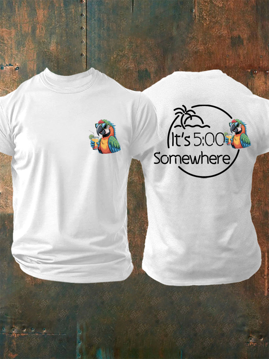Men's It's 5 O'clock Somewhere Parrot Print Casual Tee