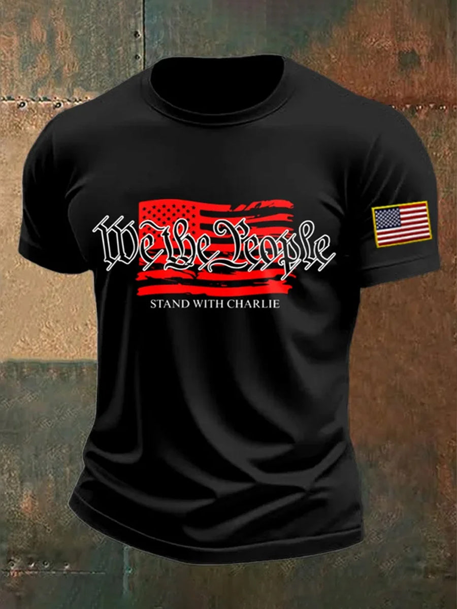 Men's Vintage Charlie Kirk American Flag Print Commemorative T-Shirt